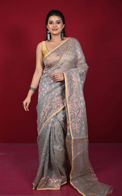 Soft Zari Brocade Dhakai Jamdani Saree in Mountain Mist, Beige and Copper