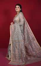 Soft Zari Brocade Dhakai Jamdani Saree in Mountain Mist, Beige and Copper