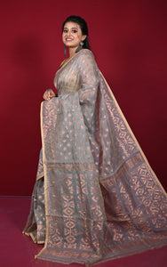 Soft Zari Brocade Dhakai Jamdani Saree in Mountain Mist, Beige and Copper