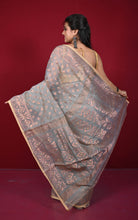 Soft Zari Brocade Dhakai Jamdani Saree in Mountain Mist, Beige and Copper