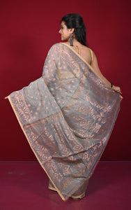 Soft Zari Brocade Dhakai Jamdani Saree in Mountain Mist, Beige and Copper