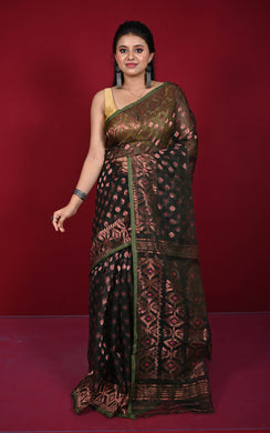 Soft Zari Brocade Dhakai Jamdani Saree in Black, Hot Pink, Green and Copper