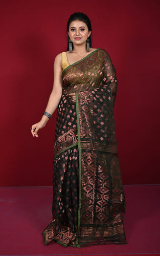 Soft Zari Brocade Dhakai Jamdani Saree in Black, Hot Pink, Green and Copper
