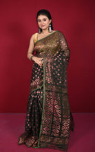 Soft Zari Brocade Dhakai Jamdani Saree in Black, Hot Pink, Green and Copper