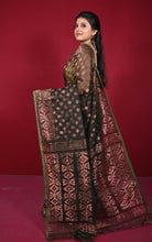 Soft Zari Brocade Dhakai Jamdani Saree in Black, Hot Pink, Green and Copper