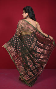 Soft Zari Brocade Dhakai Jamdani Saree in Black, Hot Pink, Green and Copper