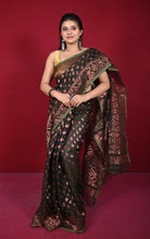 Soft Zari Brocade Dhakai Jamdani Saree in Black, Hot Pink, Green and Copper