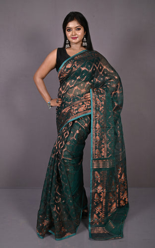 Soft Zari Brocade Dhakai Jamdani Saree in Phthalo Green, Cyan and Copper