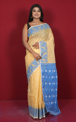 Traditional Karat Nakshi Work Cotton Muslin Soft Jamdani Saree in Caramel and Curious Blue