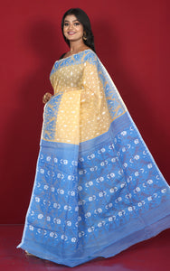 Traditional Karat Nakshi Work Cotton Muslin Soft Jamdani Saree in Caramel and Curious Blue