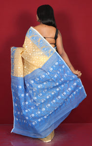 Traditional Karat Nakshi Work Cotton Muslin Soft Jamdani Saree in Caramel and Curious Blue