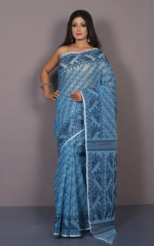 Traditional Karat Nakshi Work Cotton Muslin Soft Jamdani Saree in Mariner Blue and Black
