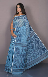 Traditional Karat Nakshi Work Cotton Muslin Soft Jamdani Saree in Mariner Blue and Black