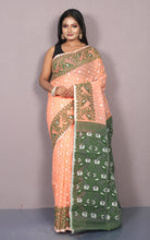 Traditional Karat Nakshi Work Cotton Muslin Soft Jamdani Saree in Apricot and Dark Green