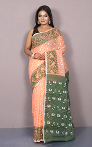 Traditional Karat Nakshi Work Cotton Muslin Soft Jamdani Saree in Apricot and Dark Green
