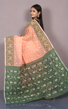 Traditional Karat Nakshi Work Cotton Muslin Soft Jamdani Saree in Apricot and Dark Green
