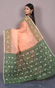 Traditional Karat Nakshi Work Cotton Muslin Soft Jamdani Saree in Apricot and Dark Green