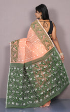 Traditional Karat Nakshi Work Cotton Muslin Soft Jamdani Saree in Apricot and Dark Green