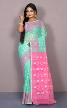 Traditional Karat Nakshi Work Cotton Muslin Soft Jamdani Saree in Seafoam Green, Pink and White