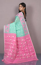 Traditional Karat Nakshi Work Cotton Muslin Soft Jamdani Saree in Seafoam Green, Pink and White