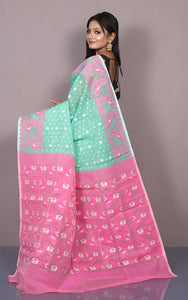 Traditional Karat Nakshi Work Cotton Muslin Soft Jamdani Saree in Seafoam Green, Pink and White