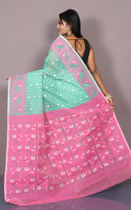 Traditional Karat Nakshi Work Cotton Muslin Soft Jamdani Saree in Seafoam Green, Pink and White