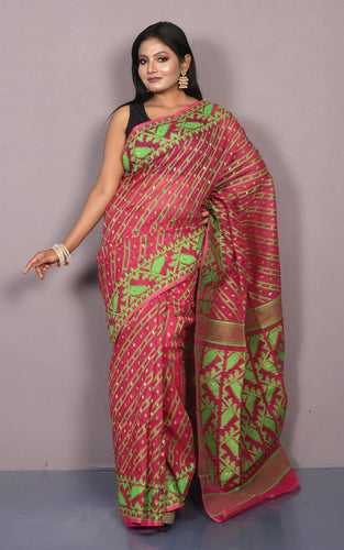 Traditional Karat Nakshi Work Cotton Muslin Soft Jamdani Saree in Rani and Green