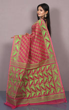 Traditional Karat Nakshi Work Cotton Muslin Soft Jamdani Saree in Rani and Green