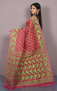 Traditional Karat Nakshi Work Cotton Muslin Soft Jamdani Saree in Rani and Green