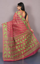 Traditional Karat Nakshi Work Cotton Muslin Soft Jamdani Saree in Rani and Green