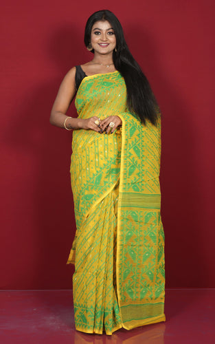 Traditional Karat Nakshi Work Cotton Muslin Soft Jamdani Saree in Bright Yelllow and Green