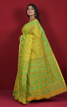 Traditional Karat Nakshi Work Cotton Muslin Soft Jamdani Saree in Bright Yelllow and Green