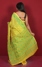 Traditional Karat Nakshi Work Cotton Muslin Soft Jamdani Saree in Bright Yelllow and Green