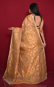 Traditional Floral Nakshi Work Soft Brocade Jamdani Saree in Mustard Golden and Off White with Copper and Muted Golden Zari Nakshi Work