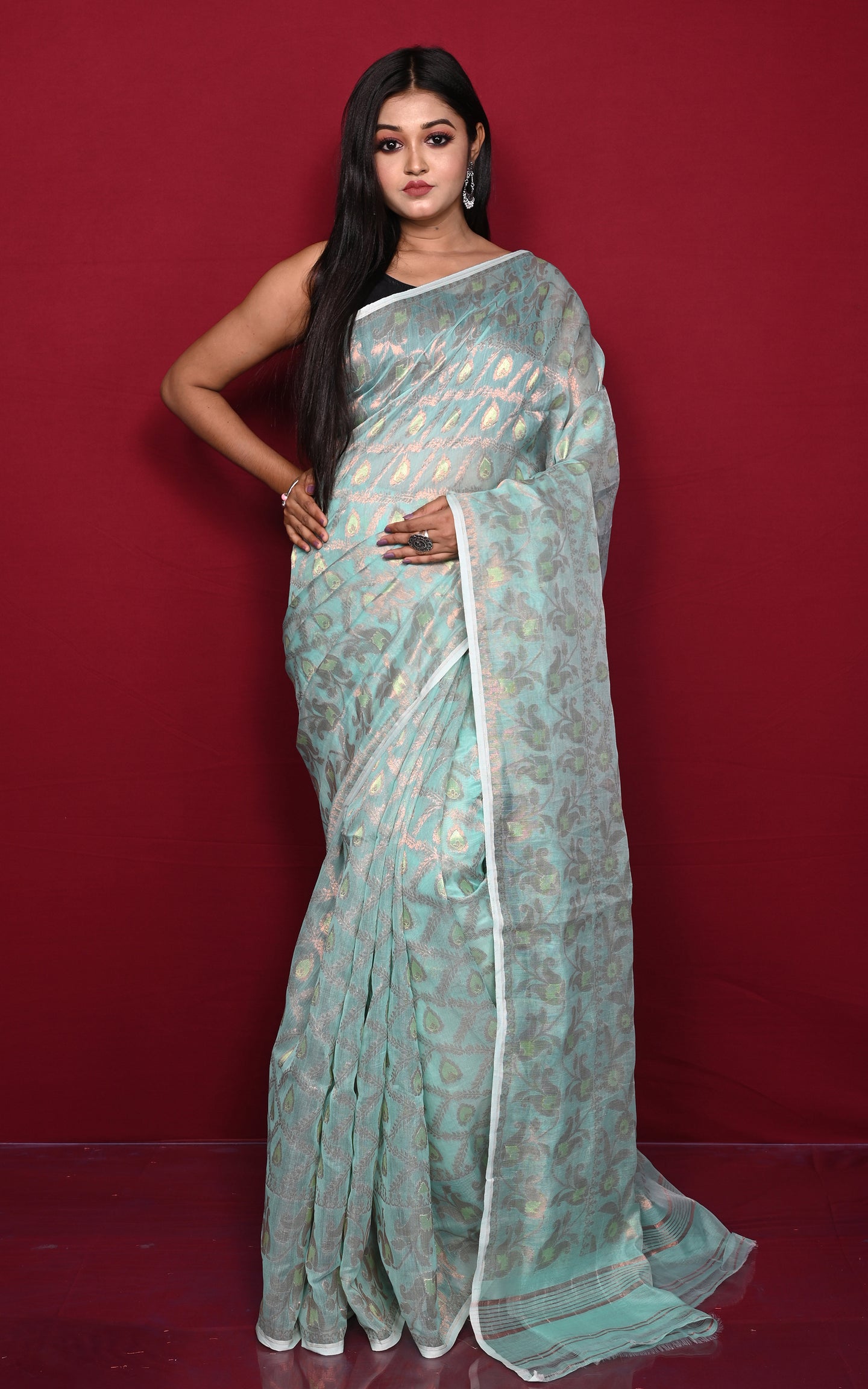 Traditional Floral Nakshi Work Soft Brocade Jamdani Saree in Aqua Green and Off White with Copper and Muted Golden Zari Nakshi Work