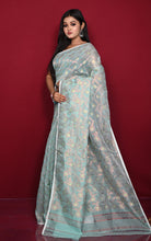 Traditional Floral Nakshi Work Soft Brocade Jamdani Saree in Aqua Green and Off White with Copper and Muted Golden Zari Nakshi Work