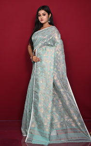 Traditional Floral Nakshi Work Soft Brocade Jamdani Saree in Aqua Green and Off White with Copper and Muted Golden Zari Nakshi Work