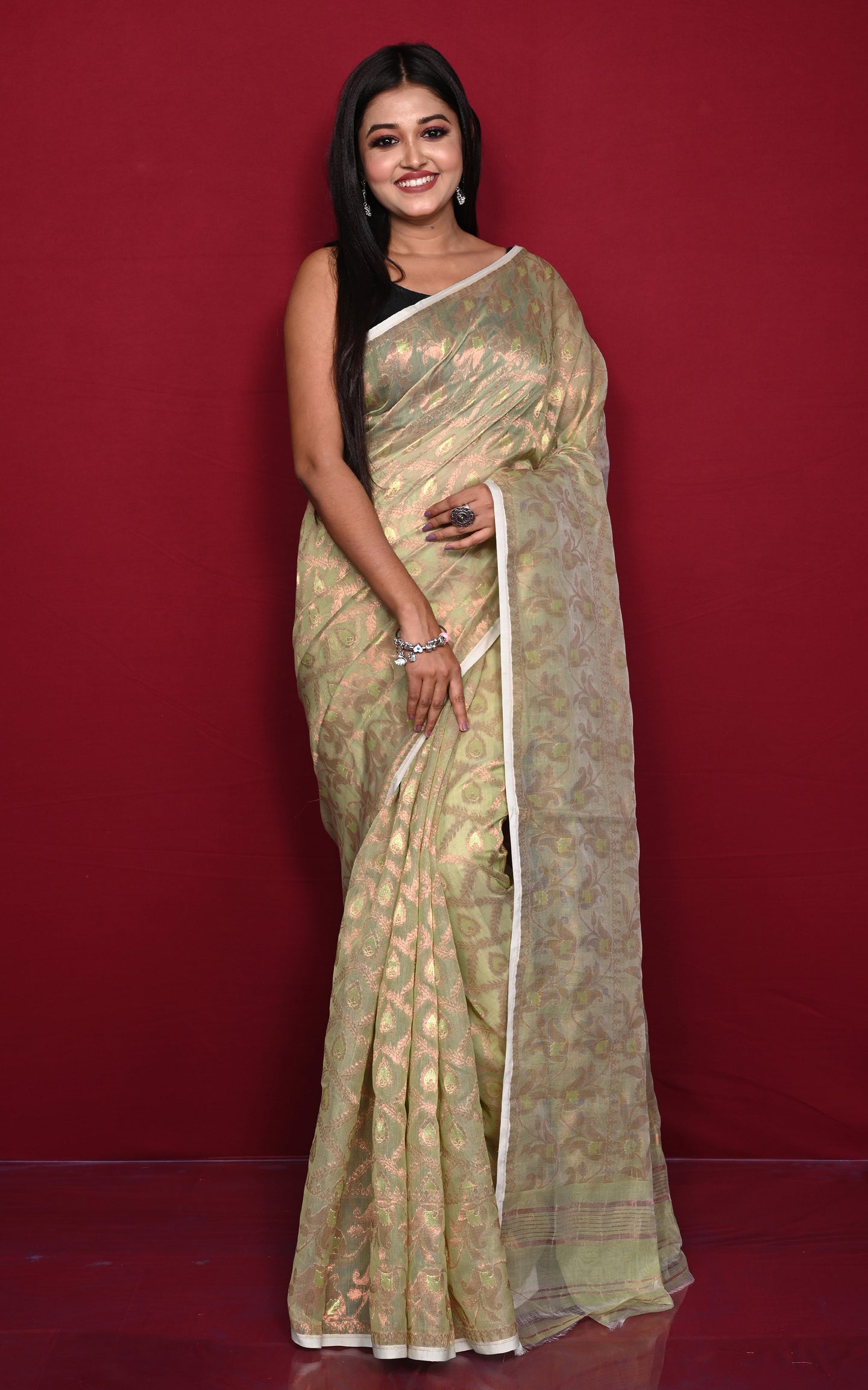 Traditional Floral Nakshi Work Soft Brocade Jamdani Saree in Pistachio Green and Off White with Copper and Muted Golden Zari Nakshi Work