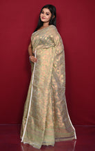 Traditional Floral Nakshi Work Soft Brocade Jamdani Saree in Pistachio Green and Off White with Copper and Muted Golden Zari Nakshi Work