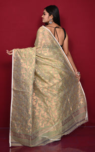 Traditional Floral Nakshi Work Soft Brocade Jamdani Saree in Pistachio Green and Off White with Copper and Muted Golden Zari Nakshi Work