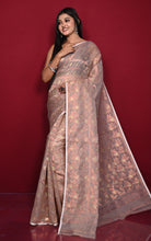 Traditional Floral Nakshi Work Soft Brocade Jamdani Saree in English Brown and Off White with Copper and Muted Golden Zari Nakshi Work