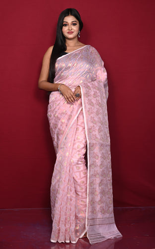 Traditional Floral Nakshi Work Soft Brocade Jamdani Saree in Baby Pink and Off White with Copper and Muted Golden Zari Nakshi Work