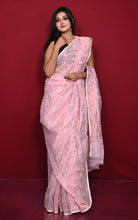 Traditional Floral Nakshi Work Soft Brocade Jamdani Saree in Baby Pink and Off White with Copper and Muted Golden Zari Nakshi Work