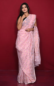 Traditional Floral Nakshi Work Soft Brocade Jamdani Saree in Baby Pink and Off White with Copper and Muted Golden Zari Nakshi Work