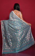 Traditional Floral Nakshi Work Soft Brocade Jamdani Saree in Teal Green and Off White with Copper and Muted Golden Zari Nakshi Work