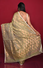 Traditional Floral Nakshi Work Soft Brocade Jamdani Saree in Dark Pista Green and Off White with Copper and Muted Golden Zari Nakshi Work