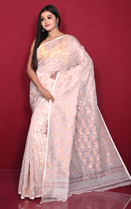 Traditional Floral Nakshi Work Soft Brocade Jamdani Saree in Off White and White with Copper and Muted Golden Zari Nakshi Work