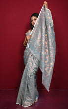 Traditional Floral Nakshi Work Soft Brocade Jamdani Saree in Grey Blue and Off White with Copper and Muted Golden Zari Nakshi Work