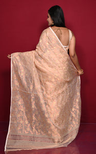 Traditional Floral Nakshi Work Soft Brocade Jamdani Saree in Parmesan and Off White with Copper and Muted Golden Zari Nakshi Work