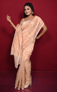 Traditional Floral Nakshi Work Soft Brocade Jamdani Saree in Parmesan and Off White with Copper and Muted Golden Zari Nakshi Work